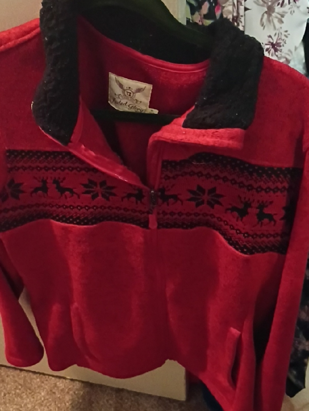 Faded Glory Red Holiday Reindeer Quarter-Zip Fleece Pullover